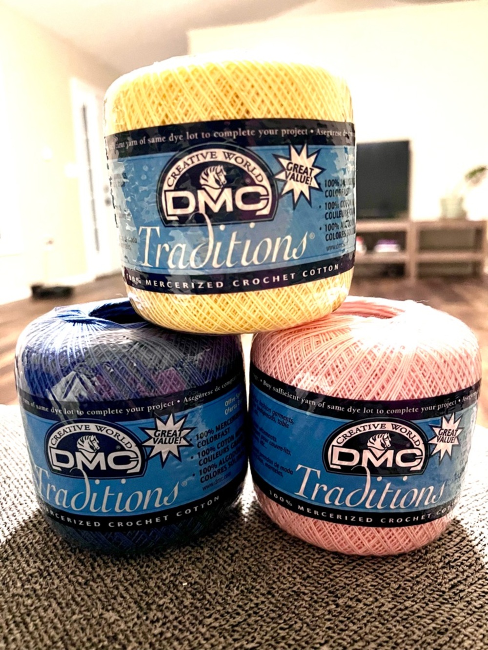 DMC Traditions Mercerized Crochet Cotton Trio - Yellow, Blue, Pink 2 oz. each.